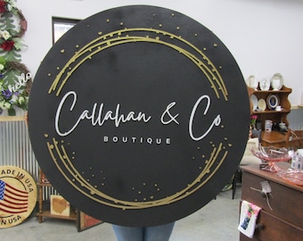 Boutique Custom Sign Gold Bubbles And Co. Round Business Commerical Signage Minimalist Made to Order Small Shop Logo Circle Wooden Handmade