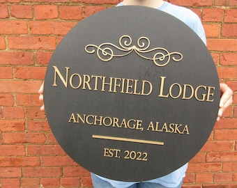 Round Lodge Sign Established Ship to Alaska Black Gold Victorian Scroll Custom Handmade Wooden Sign Raised Text 3D Vacation Outdoor Indoor