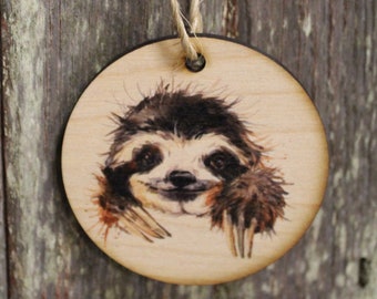 Sloth Face Ornament Watercolor Cute Detailed Claw Smile Keychain Décor Wood Circle Sign Gift Cute Unique