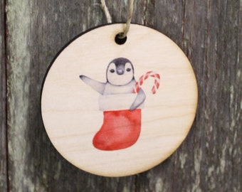 Penguin in a Stocking Christmas Ornament Candy Cane Keychain Decoration Décor Wood Circle Sign Gift Cute