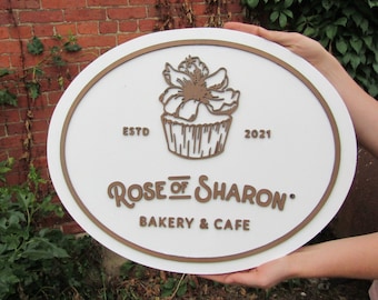 Custom Bakery And Cafe Sign Wooden Handmade Decor Cupcake Baker Rose of Sharon Your Logo Oval Commerical Signage Business Sign Restaurant