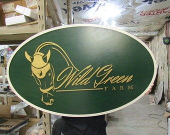 Custom Wood Sign Logo Laser Cut Out Large Oval Custom Wood Sign 3D Raised Text Wild Green Farms Horse Farm Horse Track Barn Farm Sign Border