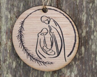 Nativity Wreath Ornament Scene Manger Christmas Christs Birth Baby Jesus Line Art Wall Hanging Tree Rustic Farmhouse Shabby Chic Wood
