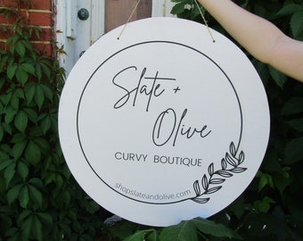 Boutique Sign Floral Ring Your Actual Logo Round Hanging Sign Minimalist Design Booth Custom Circle Personalized Wall Art Color Wood Print