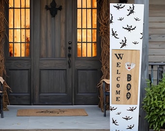 3D Layered Halloween Welcome Sign – UV Printed Bat Wall Art – Spooky Cute BOO Door Hanger – Rustic Wood Framed Fall Porch Decor