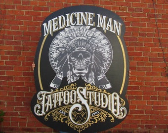 Extra Large Medicine Man Tattoo Studio Sign Raised Text 3D Skull Indian Custom Logo Goth Tribal Classic Western Wooden Personalized Business