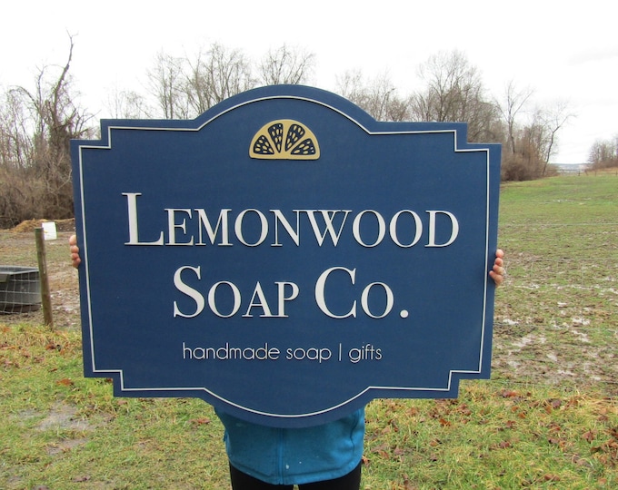 Featured listing image: Extra Large Store Front Handmade Soap Sign Business Signage Contour 3D Custom Small Shop Indoor Outdoor Small Business Laser Cut Lemon Wood