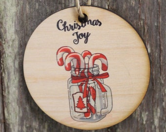 Candy Cane Christmas Decoration Mason Jar Winter Joy Red Keychain Décor Wood Circle Sign Gift Cute