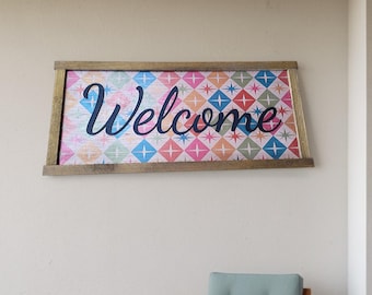3D Printed Welcome Sign Mid Century Modern – Colorful Geometric Wood Wall Art Boho Entryway Decor with Framed Wooden Vibrant Welcome Plaque