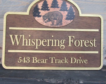 Custom Address Signs Set of 2 Matching Private Drive Bear Cabin 3D Raised Contoured Shape Handmade Commerical Signage Directional Wooden