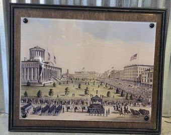 Wood & Acrylic Historical Procession Print – Vintage Civic Event Scene – Patriotic Wall Art