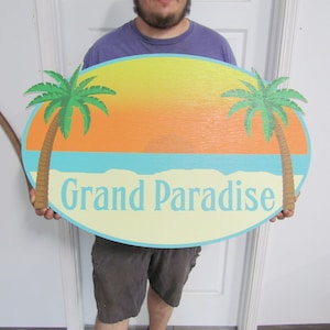 Oval Beach House Palm Contour Custom Made Sign Your Logo PVC All Weather Sturdy Outdoor Fade Mold Resistant Personalized UV Printed Color