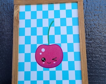 Cute Cherry Wall Art Print • Kawaii Fruit Decor • Blue Checkerboard Framed Sign • Playful Kitchen Art • Retro Kids Room Decor