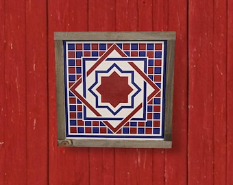 Printed Wood Geometric Tile Sign • Rustic Americana Wall Art • Full‑Color UV‑Printed Patterned Decor