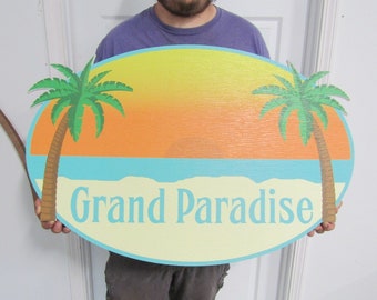 Oval Beach House Palm Contour Custom Made Sign Your Logo PVC All Weather Sturdy Outdoor Fade Mold Resistant Personalized UV Printed Color