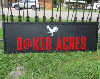 Farm Farmhouse Acres Lastname Commerical Signage Rooster Chicken Coop Garden Center Fresh Black and Red Wooden Handmade Logo Farmhouse Sign