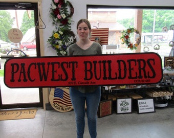 Custom Builders Sign Distressed Rustic Red and Black Personalized Business Company Name Store Front Wooden Handmade Commerical Signage