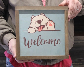 American Eskimo Welcome Wood Sign Fluffy Waving Dog Samoyed Puppy Print Wall Art Decoration Wall Hanging Farmhouse Rustic Framed