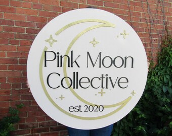 Custom Sign Round Business Commerical Signage Minimalist Made to Order Pink Moon Store Front Small Shop Logo Moon Circle Wooden Handmade