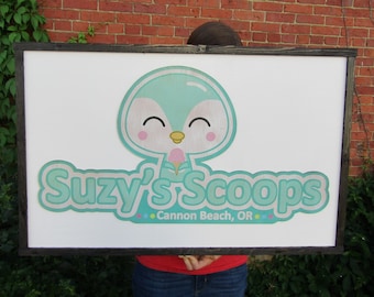 Cute Outdoor Ice Cream Scoops Shop Teal Mint Color Penguin Printed Hanging Sign Logo Image Custom Personalized Handmade Made To Order Wooden