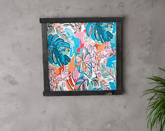 Tropical Floral Wall Art – Colorful Botanical Wood Sign – Boho Leaf Decor for Home or Porch – Vibrant Jungle Pattern Framed Artwork
