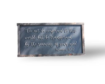 Rustic Farmhouse Scripture Sign • Romans 12:2 Wooden Wall Art • Distressed Country‑Home Bible Verse Decor for Entryways & Living Rooms