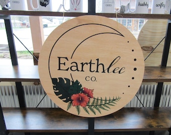 Your Actual Logo Round Moon Earth Flowers Small Business Hanging Sign Business Custom Circle Personalized Booth Sign Vendor Color Wood Print