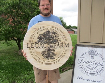Custom Legacy Farm Carved Engraved Routed Color Filled Business Commerical Signage Your Logo Handmade Tree Oversized Pine Wood Round Sign