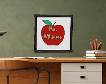 Raised Text Wood Teacher Sign • Personalized Apple Classroom Decor • Custom 3D Teacher Name Sign
