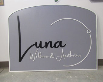 Wellness and Aesthetic Signage Business Health Commerical Signage Gray White Half Moon Large Wooden Handmade Laser Cut Logo Beauty