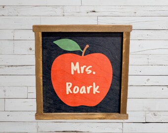 Custom Printed Wood Teacher Sign • Personalized Apple Classroom Decor • Rustic Teacher Name Sign