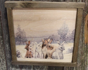 Bunny Framed Winter Scene Rabbit Hare Winter Snow Forest Scenery Rustic Vintage Wooden Sign Wall Decor Art Plaque Wood Print Farmhouse