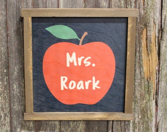 Teacher Gift Wood Sign Teachers Name Apple Chalkboard Custom Brown Framed Print Personalize Your Name Wall Art Farmhouse Primitive Rustic