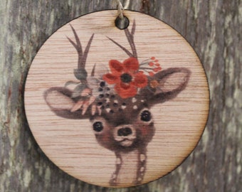 Christmas Deer Floral Wreath Headpiece Ornament Baby Fawn Winter Flowers Face  Ears Spots Wall Hanging Tree Rustic Farmhouse Wood