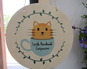Your Actual Logo Round Cat Cappuccino Small Business Hanging Sign Business Custom Circle Personalized Home Decor Plaque Color Wood Print