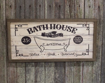 Farmhouse Bath House Bathhouse Tub Wood Sign Claw Foot 25 Cents Shiplap Relax Soak Towels Extra Unwind Framed Wall Art Primitive Rustic