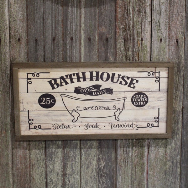 Farmhouse Bath House Bathhouse Tub Wood Sign Claw Foot 25 Cents Shiplap Relax Soak Towels Extra Unwind Framed Wall Art Primitive Rustic