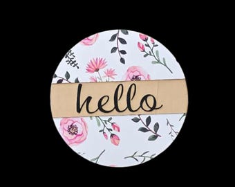 Printed Floral Hello Sign – Round Wooden 3D Laser Cut Plaque with Pink Flowers and Handwritten Script