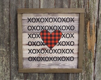 Valentines Wood Sign XOXO Text Buffalo Plaid Heart Sweetest Day Valentines Day Red Shiplap Print Art Farmhouse Primitive Rustic