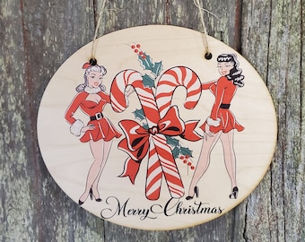 Vintage Pin Up Girls Merry Christmas Retro Lady Wood Candy Canes Door Hanger Front Door Entry Way Decor Plaque Wood Print