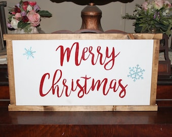 Raised Text Sign Merry Christmas Snowflakes Wood Decoration Winter 3D Red Blue Framed Seasonal Primitive