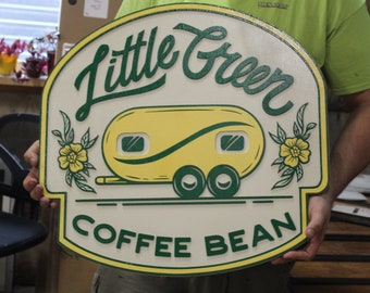 Coffee Shop Little Camper Coffee Bean Yellow Green Design Logo Image Large Round Custom Wood Sign Can Be Hanging Indoor Outdoor Minimalist
