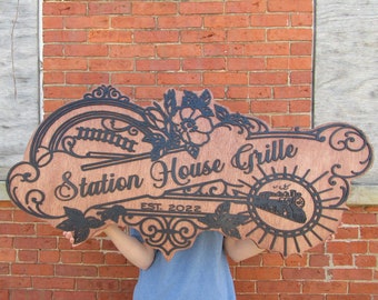 Custom Business Sign Restaurant Grille Commerical Small Business We Use Your Actual Graphic Train Station Wood Laser Cut Out 3D Extra Large