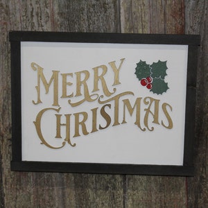 Merry Christmas Holly Berries Mistletoe 3D Classic Rustic Handmade Holiday Decor Christmas Spirit Gold Red Green Script