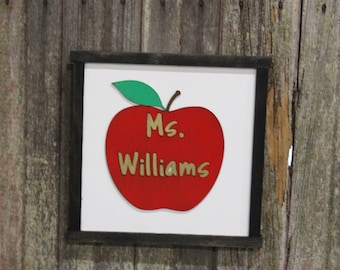 Custom Teachers Gift Personalized Apple with Teachers Name 3D Raised Décor Decoration Wall Art Farmhouse Rustic Handmade Framed