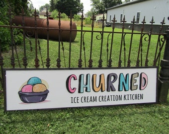 Ice Cream Handmade Homemade Scoops Kitchen Colorful Pastel Logo Wooden Commerical Signage Food Truck Cater Dairy Custom Your Logo Uv Print