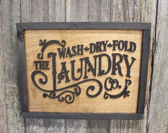 Laundry Room Filigree Scroll Work Hanging Wall Sign Wash Dry Fold 3D Raised Text Black Rustic Primitive Country Barn wood Laser Text Framed