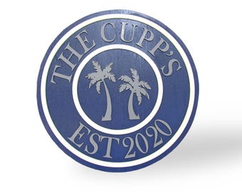 Rustic Coastal Farmhouse Family Name Sign • Round Wood Sign with Palm Trees • Personalized Established Date Decor for Beach‑Loving Homes