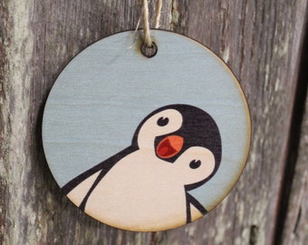 Set of 3 Penguin Friendly Winter Christmas Hi Chubby Little Friend Décor Wood Circle Hanger Sign Ornament Keychain Gift Cute Unique