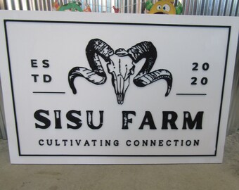 Custom Wooden Sign Ram Farm Sign Commerical Signage Your Logo Skull Western Handmade Business Sign 3D Livestock Rectangle Laser Cut Raised